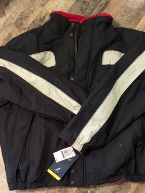 Nautica Navy Blue Jacket with White Stripes and Red Trim